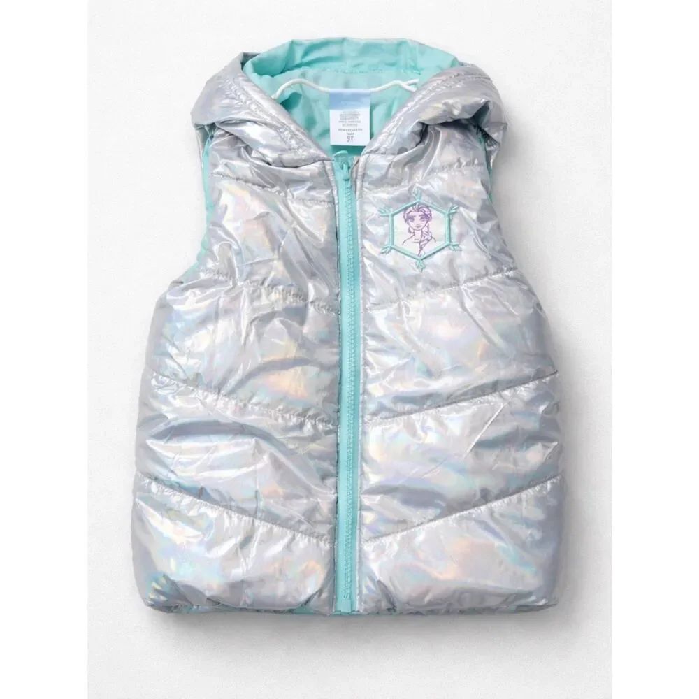 Disney Frozen iridescent silver and mint green Elsa puffer vest 3T